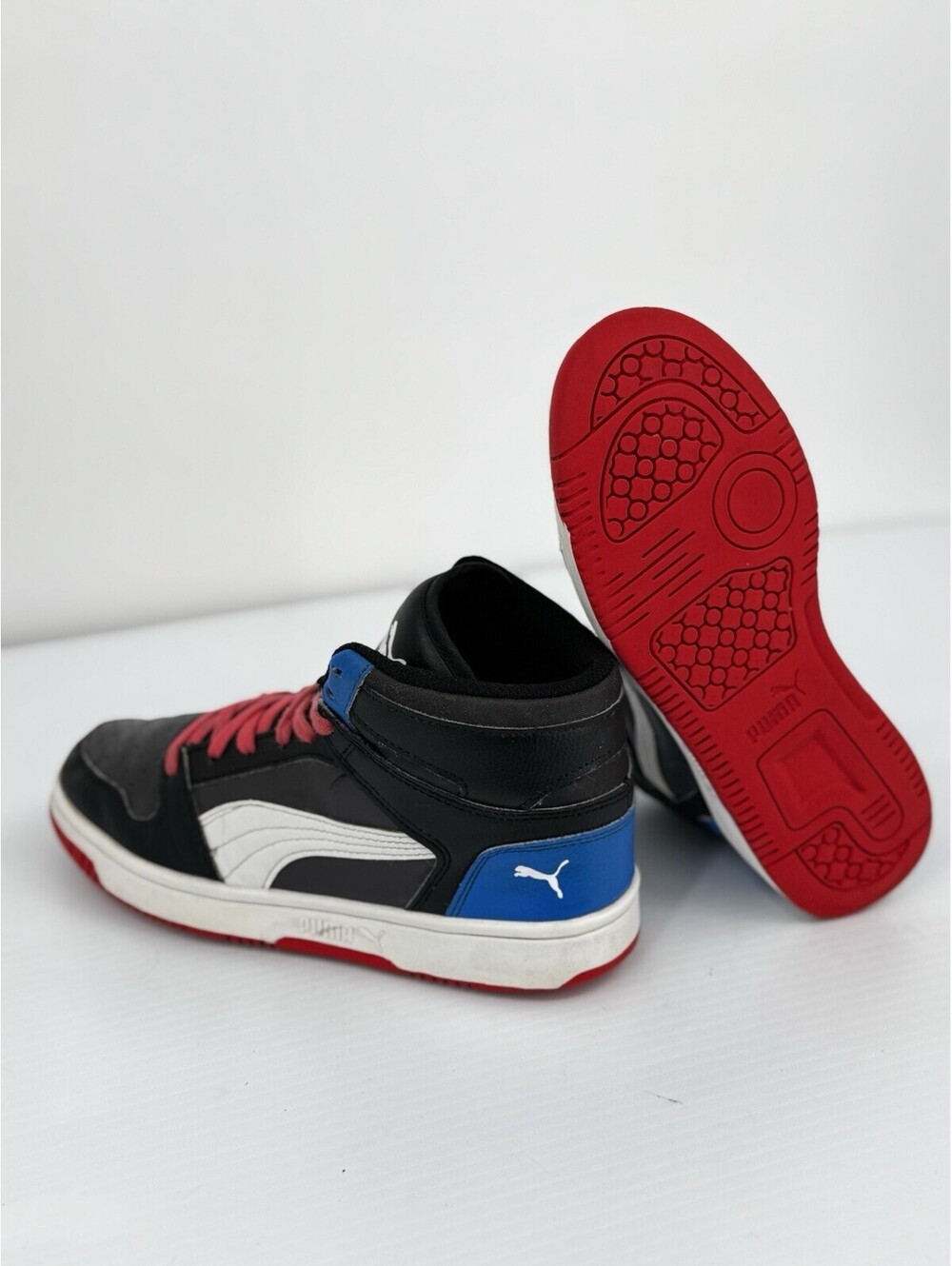 PUMA Kids High Top Sneakers Size 4C Black Red Blue Leather Profit Insoles EUC
